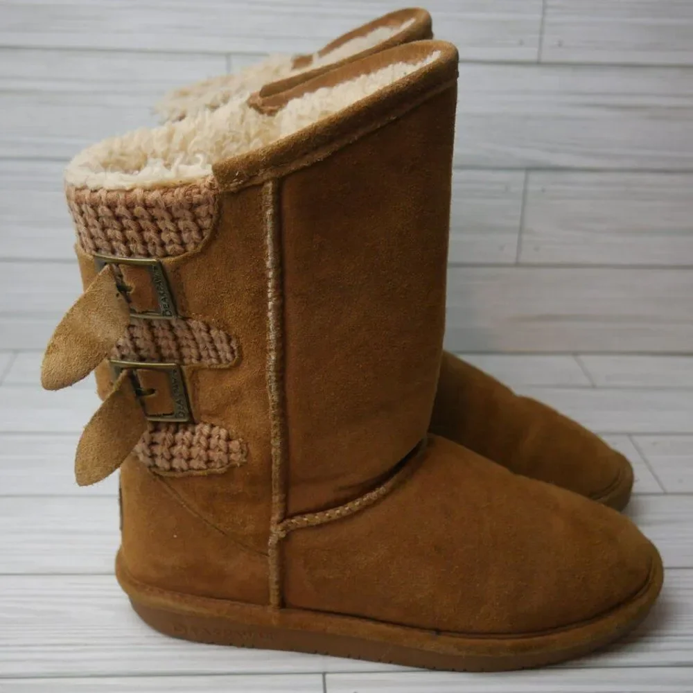 Bearpaw BOSHIE Youth Size 4 Tan Suede Wool Blend Sherpa Lined Mid Calf Boots